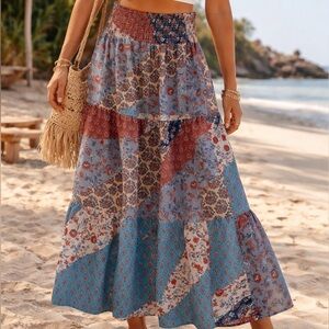 Bohemian Patchwork Print Shirred Maxi Skirt
